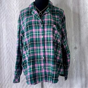 Victoria's Secret Lightweight Flannel Pajama Top - Pink & Green Plaid - XL